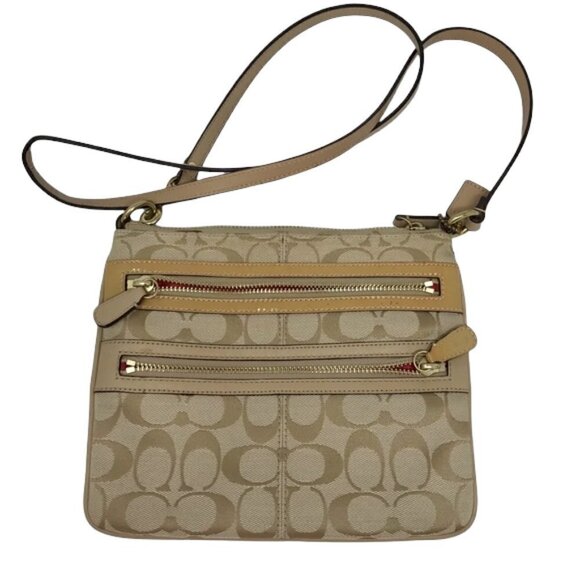 Coach Signature Jacquard Khaki Tan Crossbody bag long strap and Salmon lining - Picture 1 of 8